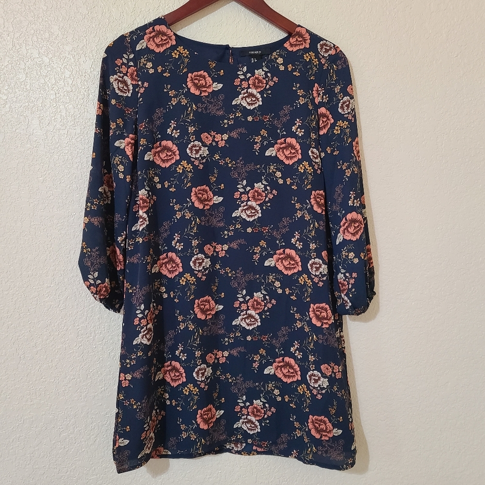Forever 21 Navy Blue & Peach Floral Mini Dress Women's Size Small NWOT